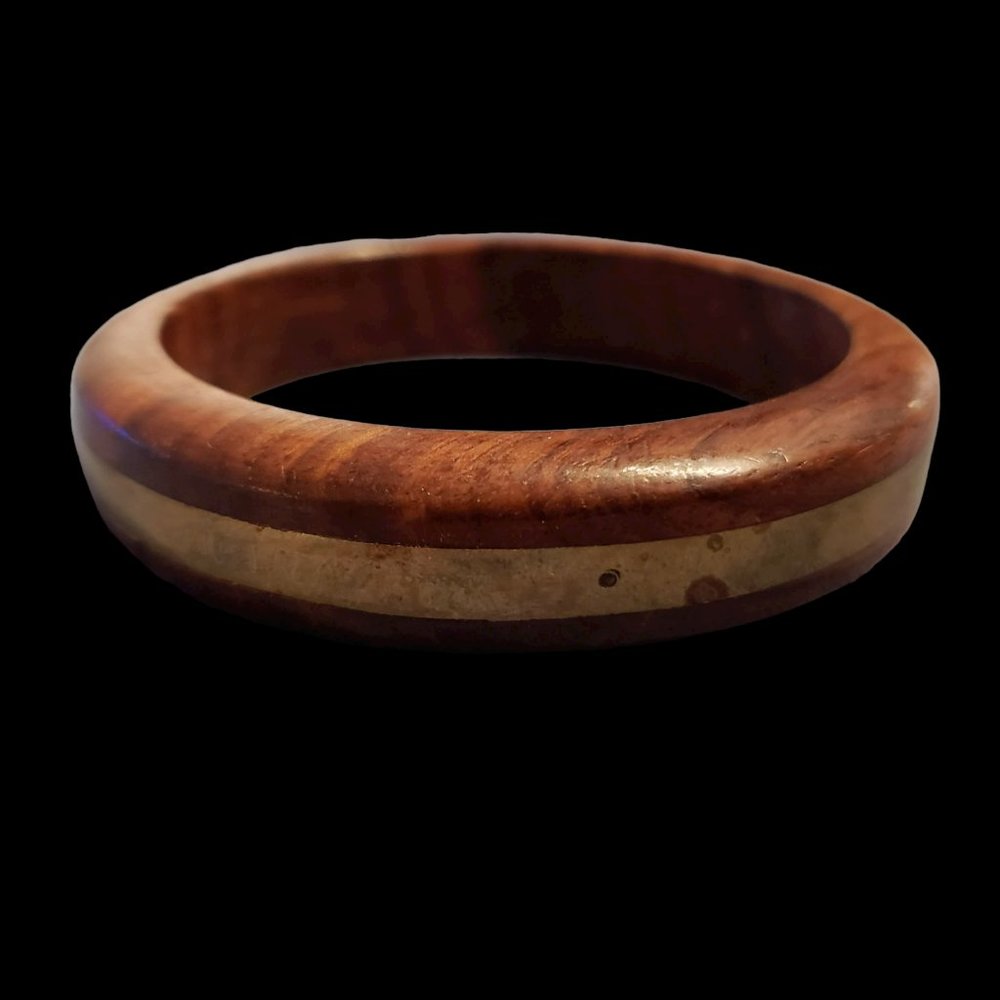 Vintage Wood Bangle Bracelet with Brass Inlay Band Natural